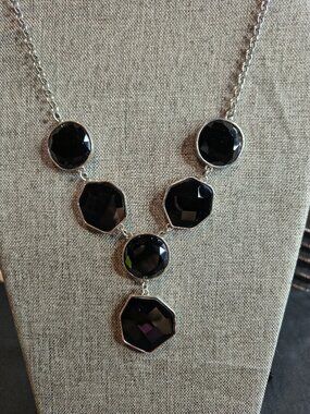 Silver Tone Black Faceted Glass Bead Necklace